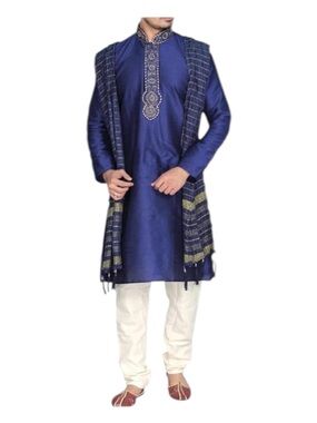Royal Blue Embroidered Men's Kurta Set with Scarf 4XL (50) NWT